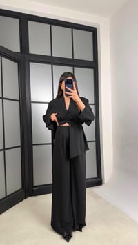 Siyah Vatkalı Düğme Detaylı Belden Kuşaklı Ceket Beli Lastikli Pantolon Tencel Takım GAUS-01195GAUSTAKIMGAUS-01195