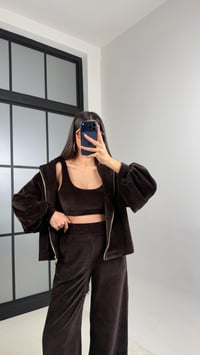 Acı Kahve Kapüşonlu Hırka Crop Beli Lastikli Pantolon 3'lü Kadife Takım GAUS-00875GAUSTAKIMGAUS-00875