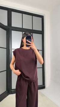Mürdüm Vatkalı Bluz Beli Lastikli Pantolon Krep Kumaş Takım GAUS-01485GAUSTAKIMGAUS-01485