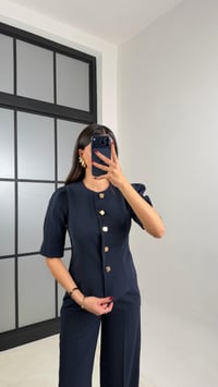 Lacivert Gold Düğmeli Balon Kol Ceket Beli Lastikli Pantolon Kumaş Takım GAUS-00748GAUSTAKIMGAUS-00748
