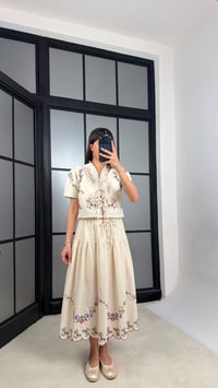 Taş Nakışlı Bluz Beli Lastikli Etek Yıkamalı Keten Takım GAUS-01365GAUSSuitsGAUS-01365