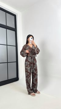 Kahve V Yaka Önü Düğmeli Üst Beli Lastikli Pantolon Etnik Desen Takım Gaus00362GausTAKIMGU1001838
