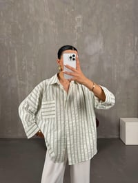 Yeşil Çizgili Oversize Keten Gömlek Gaus00017GausGÖMLEKGU1001023