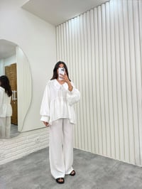Beyaz Bebe Yaka Üst Beli Lastikli Cepli Pantolon İthal Kumaş Takım Gaus00292GausTAKIMGU1001677