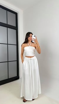Beyaz Boyundan Bağlamalı Beli Lastikli Crop Kuşaklı Cepli Pantolon Çilek Kumaş Takım Gaus00659GausTAKIMGU1002525