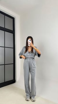 Gri Yıkama Desenli Kapüşonlu Crop Hırka Beli Lastikli Pantolon İkili Premium Takım GAUS-0063GAUSTAKIMGAUS-0063