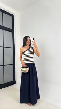 Lacivert Tek Omuz Gold Şerit Detaylı Triko Elbise GAUS-0069GAUSELBİSEGAUS-0069