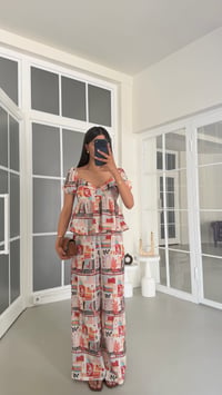 Çok Renkli Balon Kol Bluz Pantolon Desenli Keten Takım GAUS-01758GAUSTAKIMGAUS-01758