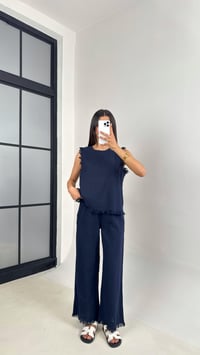 Lacivert Püskül Detaylı Bluz Beli Lastikli Cepli Pantolon Keten Takım Gaus00646 GausTAKIMGU1002503