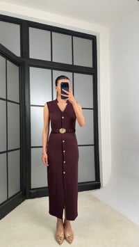 Mürdüm Kuşaklı Gold Düğme Detaylı Premium Elbise GAUS-01448GAUSELBİSEGAUS-01448