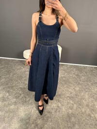 Laren Uzun Mavi Tasarım Bağlama Detay Denim ElbiseGausELBİSEGU004582
