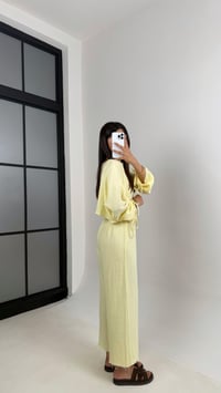 Sarı Kol Büzgülü Crop Beli Lastikli Pantolon Tasarım Müslin Takım Gaus00581GausTAKIMGU1002355