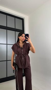 Kahve Beli Lastikli Hırka Pantolon Taşlı Modal Takım GAUS-01064GAUSTAKIMGAUS-01064