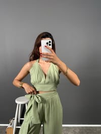 Labe Çağla Yeşili Bel Ve Boyun Bağlamalı Müslin Pantolon Üst TakımGausTAKIMGU008831