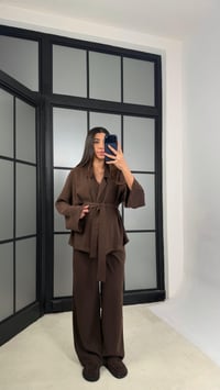 Acı Kahve Kuşaklı Ceket Beli Lastikli Pantolon Tencel Takım GAUS-01128GAUSTAKIMGAUS-01128