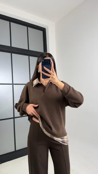 Acı Kahve Gömlek Taş Detaylı Kazak Beli Lastikli Pantolon Örme Takım GAUS-00831GAUSTAKIMGAUS-00831