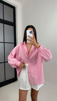 Pembe Beyaz Çizgili Basic Keten Gömlek Gaus00558GausGÖMLEKGU1002298