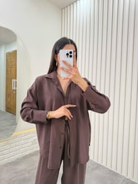Acı Kahve Gömlek Beli Lastikli Pantolon Premium Tensel Takım Gaus00322GausTAKIMGU1001748