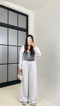Gri Denim Detaylı Kapüşonlu Hırka Beli Lastikli Pantolon Tasarım Takım GAUS-00444GAUSTAKIMGAUS-00444