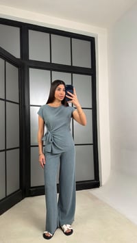 Mavi Bağlama Detaylı Bluz Beli Lastikli Pantolon Krinkıl Kumaş Takım GAUS-01308GAUSSuitsGAUS-01308