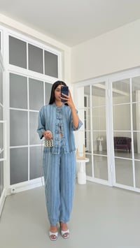 Mavi Tasarım Ceket Pantolon Çizgili Tencel Denim Takım GAUS-01687GAUSSuitsGAUS-01687