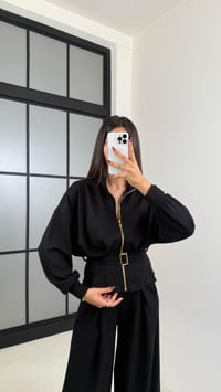 Siyah Kemer Detaylı Hırka Beli Lastikli Geniş Paça Pantolon Modal Takım GAUS-00188GAUSTAKIMGAUS-00188