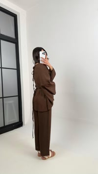 Kahve Boncuk Kuşaklı Bağlamalı Panço Üst Pantolon İkili Keten Takım Gaus00338GausTAKIMGU1001786