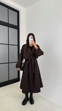 Kahve Mavi Çizgi Detaylı Kuşaklı Astarlı Premium Uzun Trençkot GAUS-00120GAUSTRENÇKOTGAUS-00120