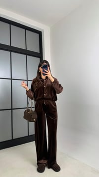Kahve Çıtçıt Düğmeli Astarlı Ceket Beli Lastikli Pantolon Kadife Takım GAUS-00921GAUSTAKIMGAUS-00921