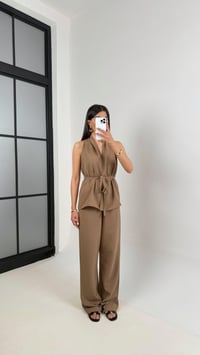 Kahve Önü Bağlamalı Kuşaklı Yelek Beli Lastikli Cepli Pantolon Keten Takım Gaus00410GausTAKIMGU1001958