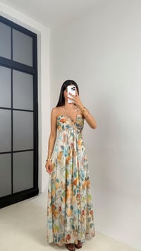 Turuncu Çiçek Desenli Ayarlanabilir Askılı Astarlı Şifon Elbise GAUS-0026GAUSELBİSEGAUS-0026