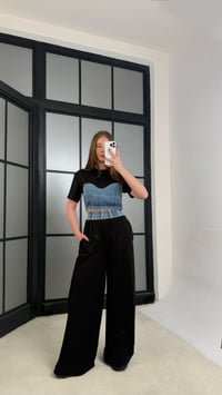 Siyah Denim Detaylı Crop Beli Lastikli Pantolon Premium Takım GAUS-01273GAUSTAKIMGAUS-01273