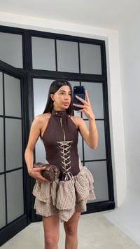 Acı Kahve Korse Detaylı Kareli Elbise GAUS-01531GAUSELBİSEGAUS-01531