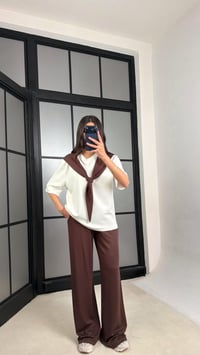 Kahve Şal Detaylı Basic Tshirt Beli Lastikli Pantolon İkili Eşofman Takımı GAUS-01284GAUSTAKIMGAUS-01284