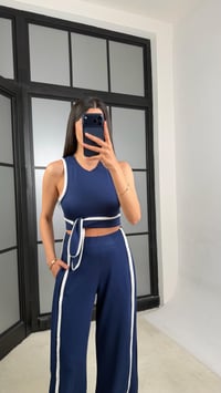 Lacivert Bağlama Detaylı Bluz Beli Lastikli Pantolon Biyeli Modal Takım GAUS-01473GAUSSuitsGAUS-01473