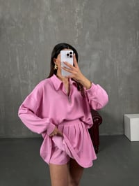 Mizu Pembe Yaka Fermuarlı Sweat Pileli Şortlu Etek Modal TakımGausTAKIMGU100785