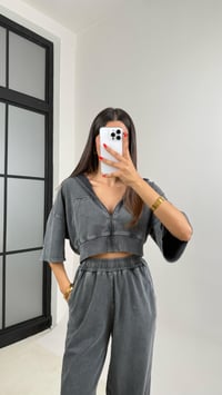 Antrasit Yıkama Desenli Şapkalı Crop Hırka Beli Lastikli Pantolon İkili Premium Takım GAUS-0063GAUSTAKIMGAUS-0063