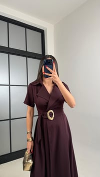 Mürdüm Gold Toka Kuşaklı Krep Kumaş Uzun Elbise GAUS-00974GAUSDressesGAUS-00974