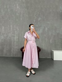 Pembe Kuşaklı Beli Lastikli Poplin Gömlek Elbise Gaus00083GausELBİSEGU1001197