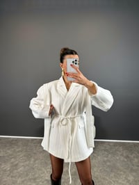 Anis Premium Beyaz Çizgili Bağlamalı Astarlı Blazer CeketGausCEKETGU004332