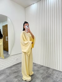 Sarı V Yaka Yarasa Kol Üst Beli Lastikli Pantolon Keten Takım Gaus00304GausTAKIMGU1001699