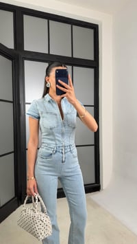 Açık Mavi İspanyol Paça Likralı Denim Tulum GAUS-01466GAUSTULUMGAUS-01466