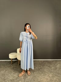 Dimitra Mavi Önden Bağlamalı Balon Kol ElbiseGausELBİSEGU008024
