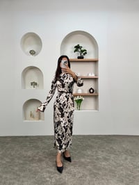 Jolie Ekru Kahve Desenli Bisiklet Yaka Kemerli Elbise GausELBİSEGU00903603