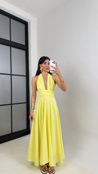 Sarı Boyundan Bağlamalı Astarlı Keten Elbise Gaus00627GausELBİSEGU1002463