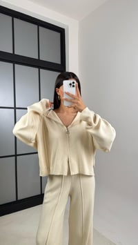 Ekru Kapüşonlu Hırka Beli Lastikli Pantolon İkili Triko Takım GAUS-00564GAUSTAKIMGAUS-00564