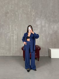 Sonya Lacivert Kuşaklı Çıtçıt Düğmeli Tensel TakımGausTAKIMGU100741