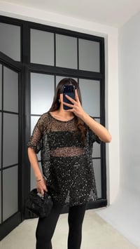 Siyah Muadil Pul İşleme Detaylı İthal Oversize Bluz  GAUS-01187GAUSTshirtGAUS-01187