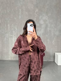 Babe Kahve Desenli Saten Gömlek Pantolon Jakarlı TakımGausTAKIMGU100827