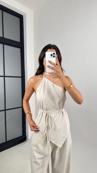 Taş Çizgili Asimetrik Kesim Bluz Palazzo Pantolon Tasarım Keten Takım Gaus00677 GausTAKIMGU1002558